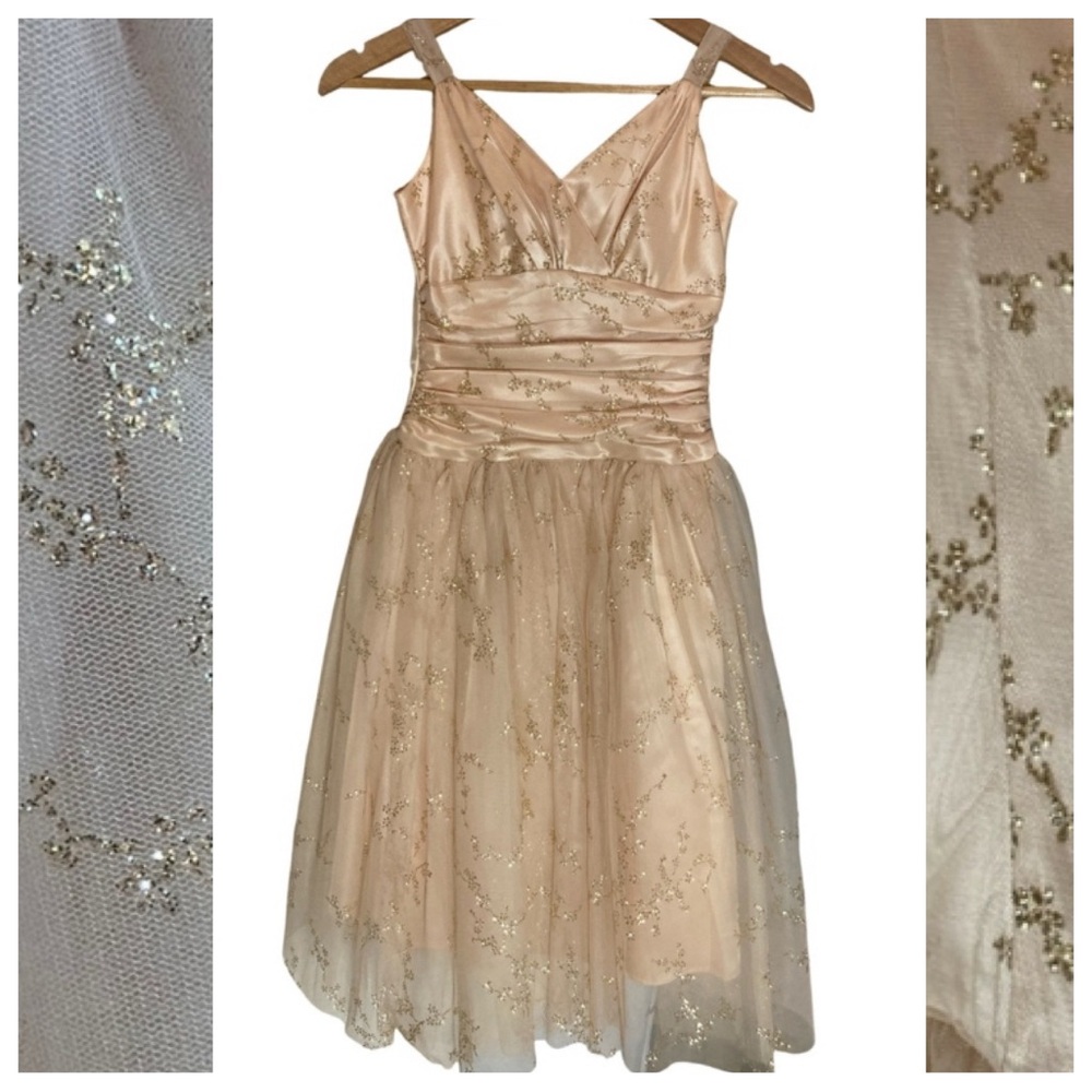 Gunne Sax Vintage 1980’s Formal Tulle Gold Glitter Dress S1/2 Blush Champagne
